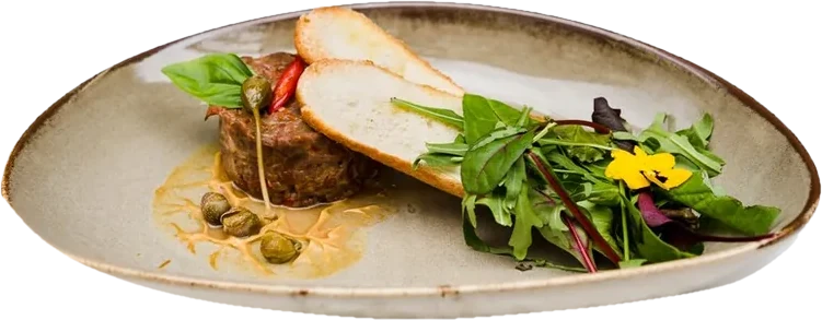Plato con bruschetta, carne y ensalada